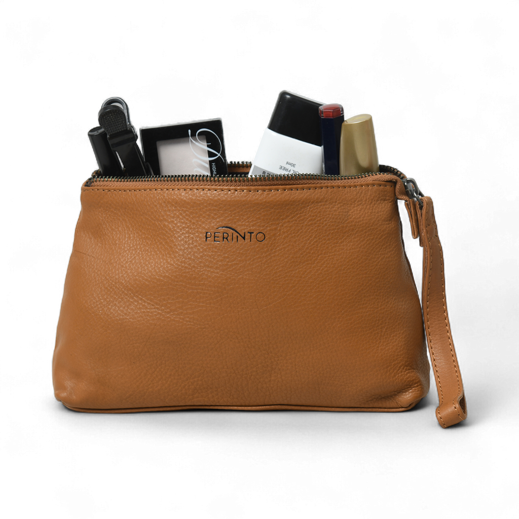 Perinto Leather Vanity Pouch Tan