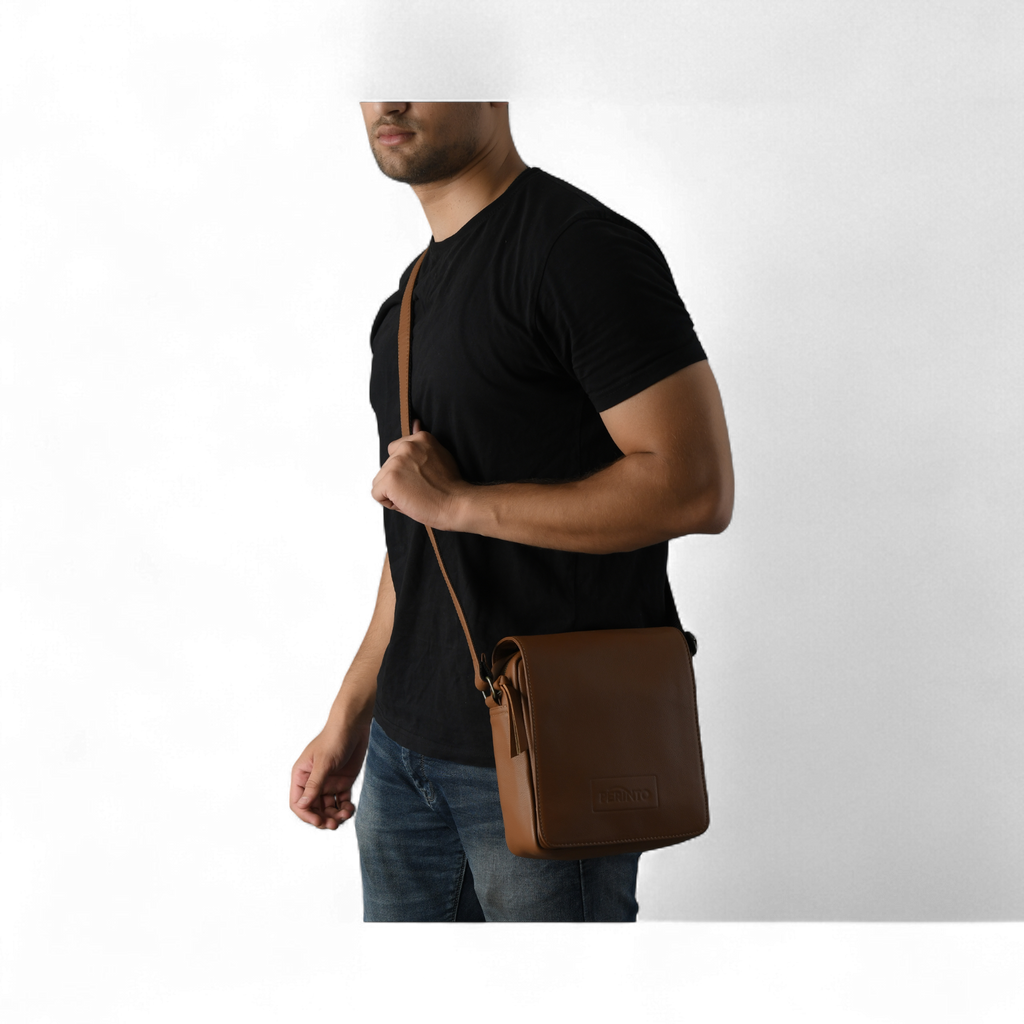 Perinto Leather Side Sling Bag Tan