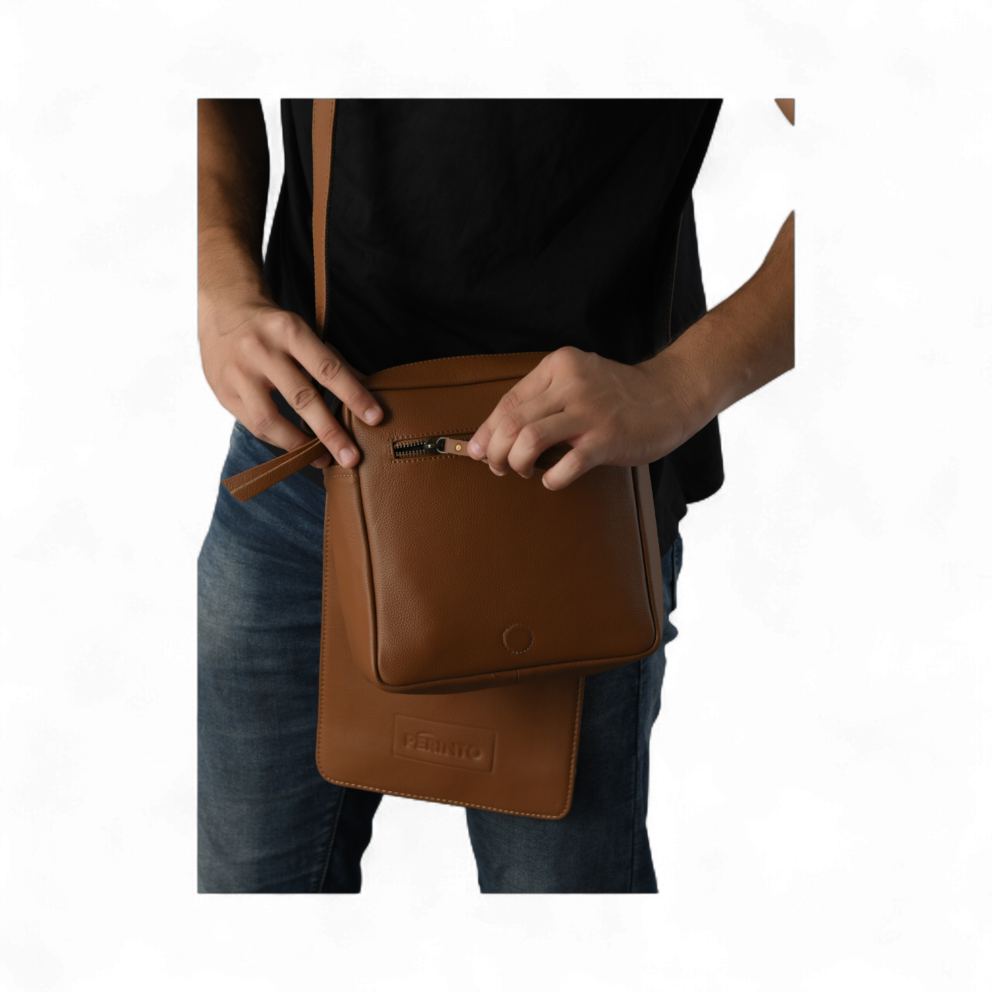 Perinto Leather Side Sling Bag Tan